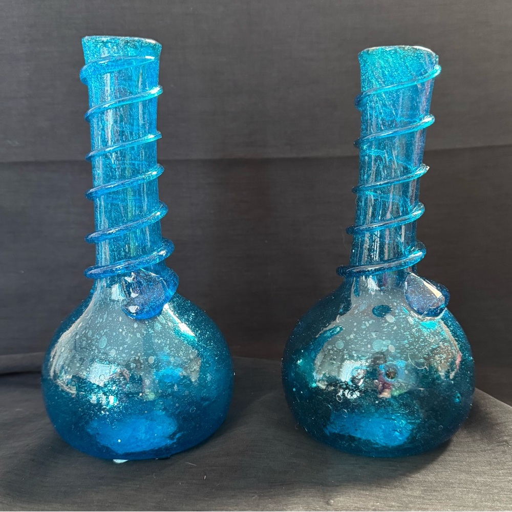 Bubbled Blue Vintage Hand Blown Italian Art Glass Vases